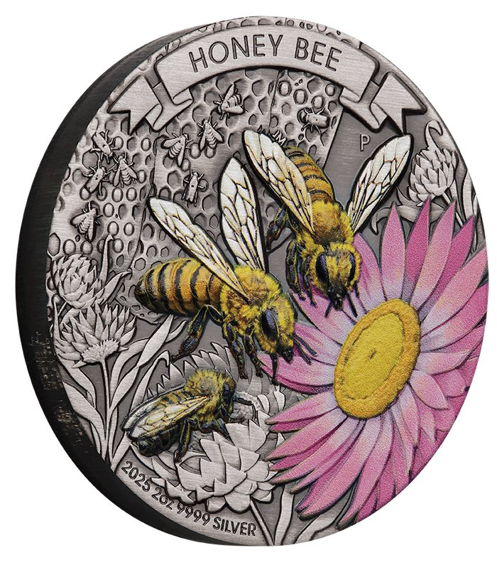 Honey Bee 2025 – 2oz Silbermünze mit Farbmotiv und Antik Finish