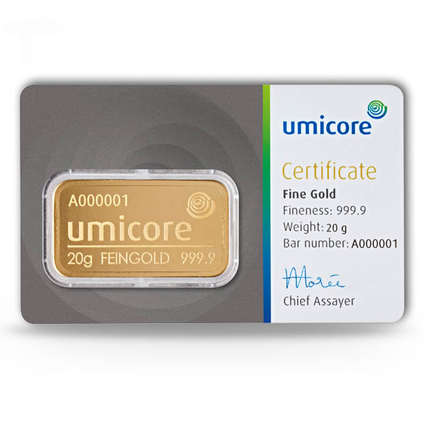 Umicore Goldbarren 20 Gramm im Bilster
