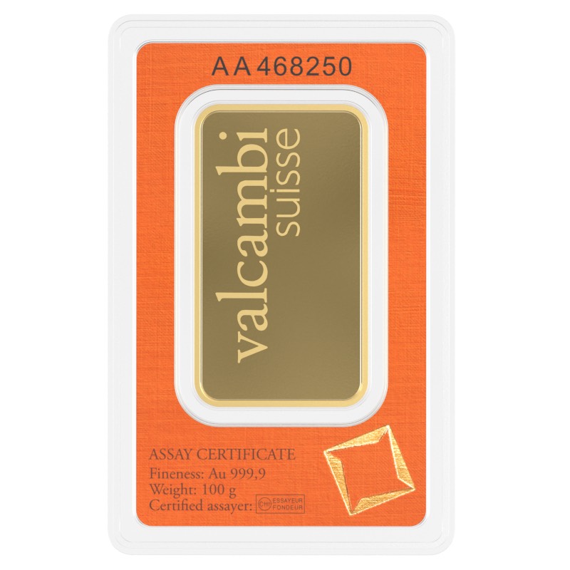 Valcambi Swiss 100 Gramm minted Goldbarren 