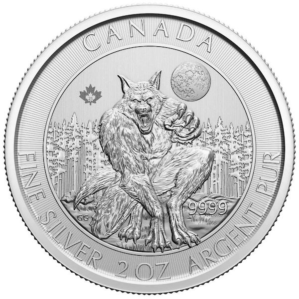 Vorderseite der 2 oz Silbermünze Werwolf 2022 aus der Serie Creatures of the North.
