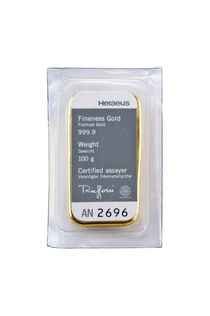 Zertifikat Heraeus 100 gramm gegossen