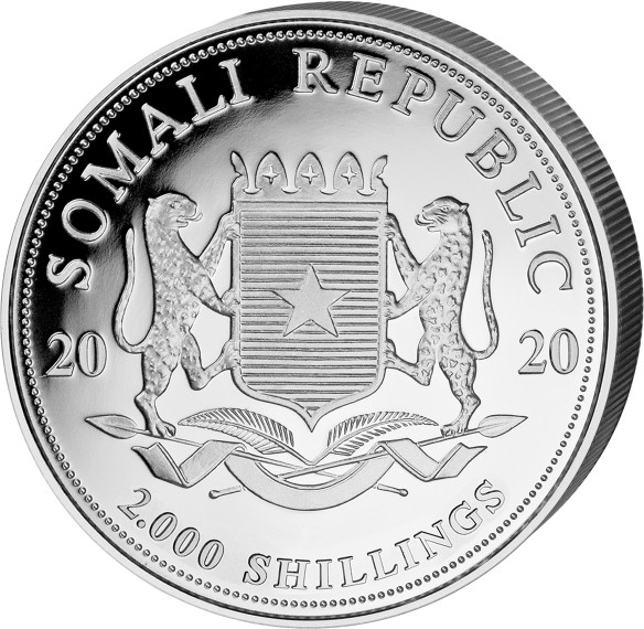 Rückseite der 1 kg Silbermünze Somalia Elefant 2020 mit dem Wappen Somalias