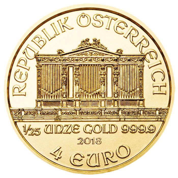 Wertseite der 1/25 Unze Gold Wiener Philharmoniker mit der Orgel des Musikvereins.