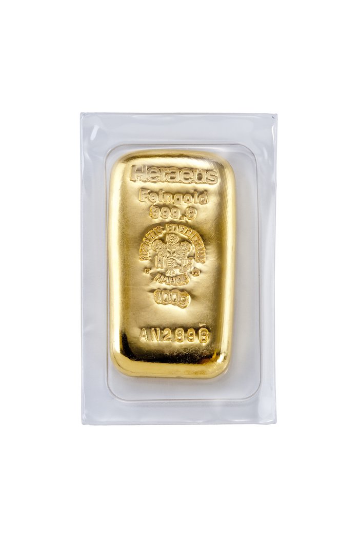 Heraeus 100 Gramm Goldbarren gegossen 
