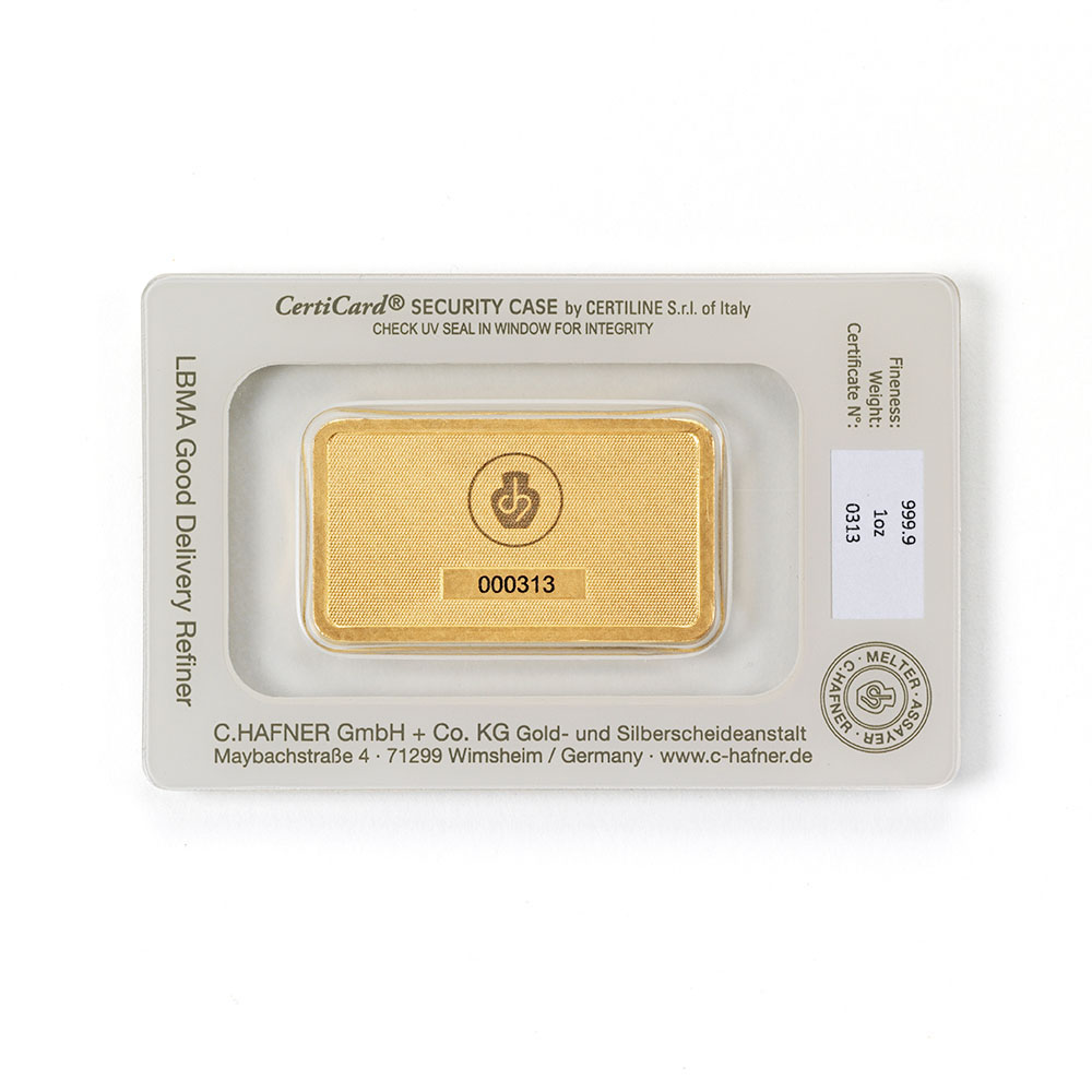 Hafner Goldbarren 1 Oz geprägt Rückseite mit Seriennummer