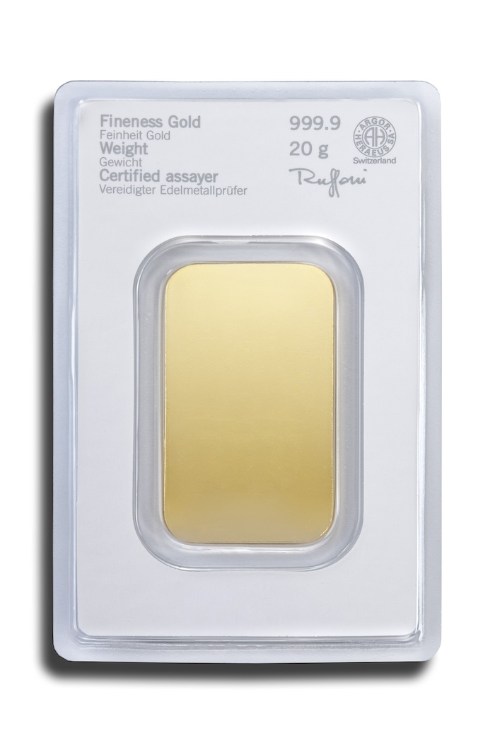 Rückseite Heraeus 20 Gramm Goldbarren