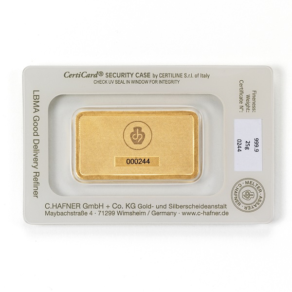 C. Hafner 25g Goldbarren Zertifikat Rückseite