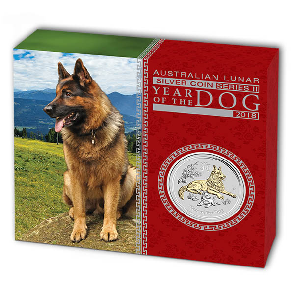 Umverpackung gilded Hund 2018 1 oz silber