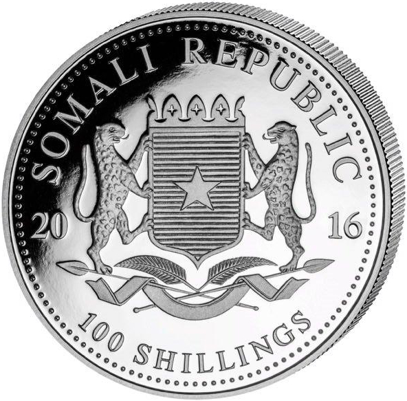 Wertseite der 100 Shillings Somalia Elefant 2016 Silbermünze