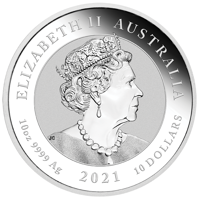 Wertseite der 10 oz Silbermünze Double Dragon 2021 mit Queen Elizabeth II.