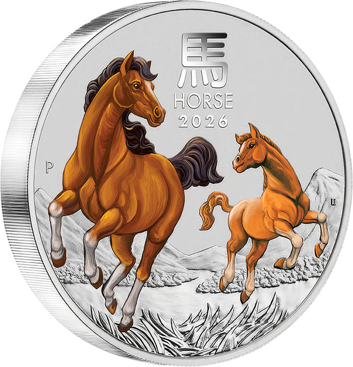 Lunar 3 Pferd 5 Oz Silbermünze farbig 2026