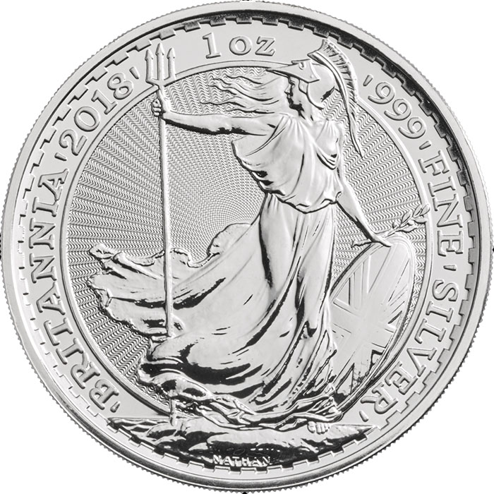 Vorderseite der 1 oz Silbermünze Britannia mit dem Motiv der Nationalgöttin Britannia.