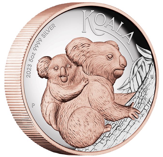 Australien Koala 5 Oz Silber vergoldet 2023 Revers Roségold Motiv
