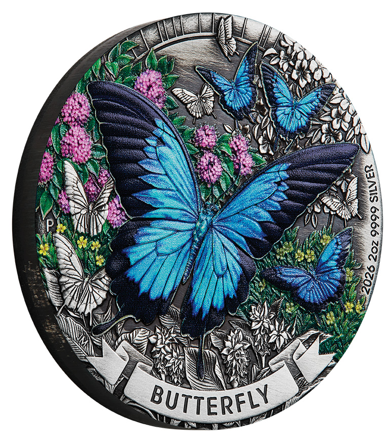 Butterfly 2 Oz Silbermünze Antik Finish coloriert 2026
