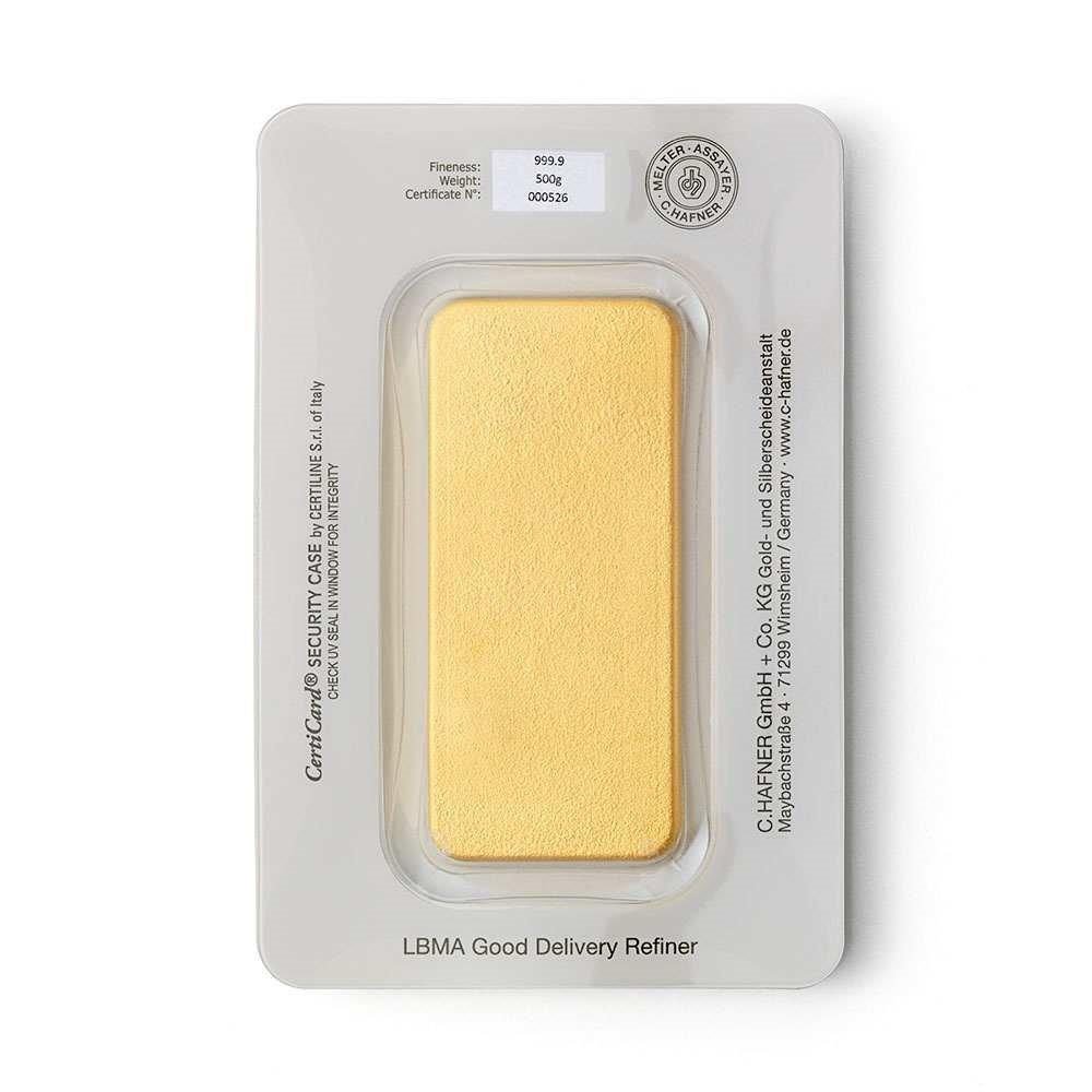 500 Gramm Goldbarren Hafner Rückseite