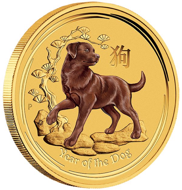 Lunar II - Hund - 1/10 Unze Gold farbig 2018