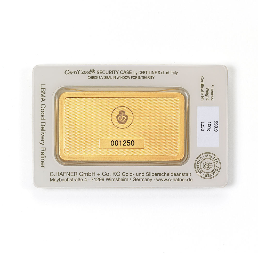 Rückseite C. Hafner 100 Gramm Goldbarren Certicard Zertifikat