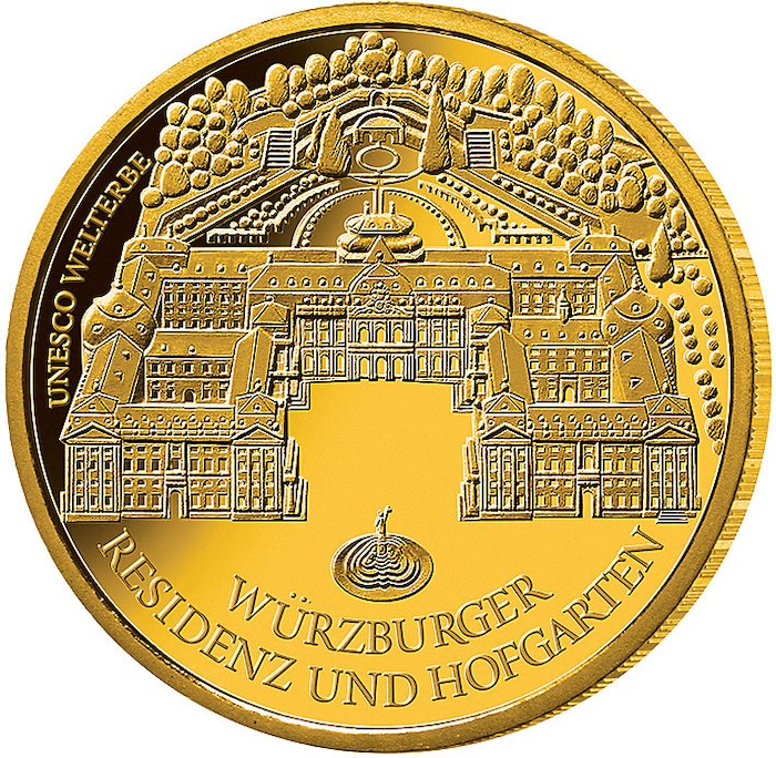 Motivseite der 100 Euro Goldmünze Würzburg 2010 UNESCO Welterbe.