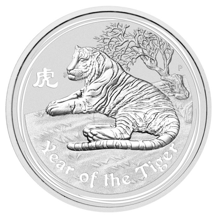 Lunar II Tiger 2010 10 oz Silber Rückseite liegender Tiger unter Baum Perth Mint