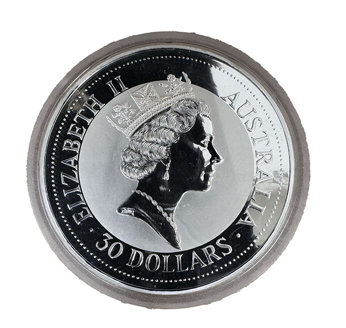 Rückseite der 1 kg Silbermünze Kookaburra 1992 mit Queen Elizabeth II. Porträt.