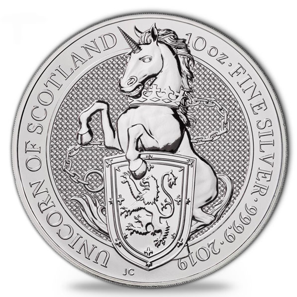 otivseite der 10 oz Silbermünze Unicorn of Scotland 2019 mit dem heraldischen Einhorn.