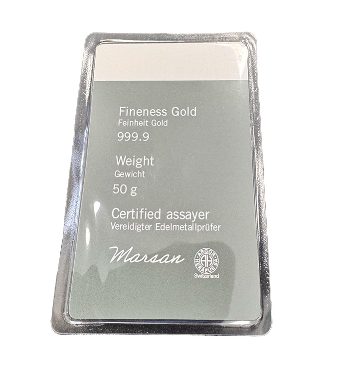 Rückseite Goldbarren Gegossen 50 Gramm Heraeus