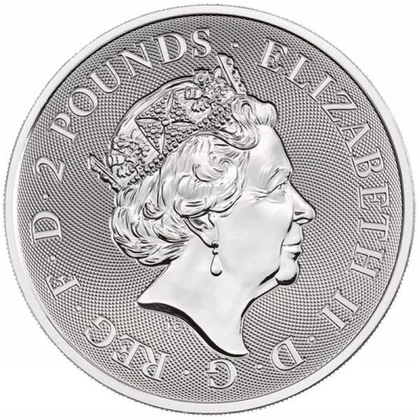 Wertseite der 1 oz Silbermünze Valiant 2019 mit dem Porträt von Queen Elizabeth II.