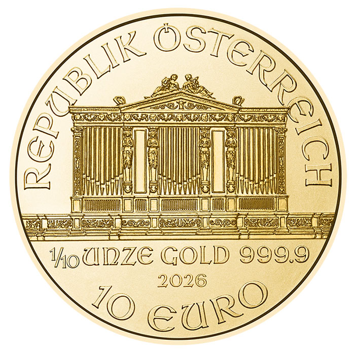 Wertseite der 1/10 oz Goldmünze Wiener Philharmoniker 2026 mit der Orgel im Goldenen Saal