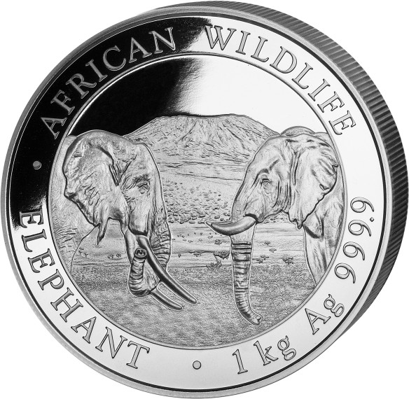 Motivseite der 1 kg Silbermünze Somalia Elefant 2020 mit zwei Elefanten und Berg.