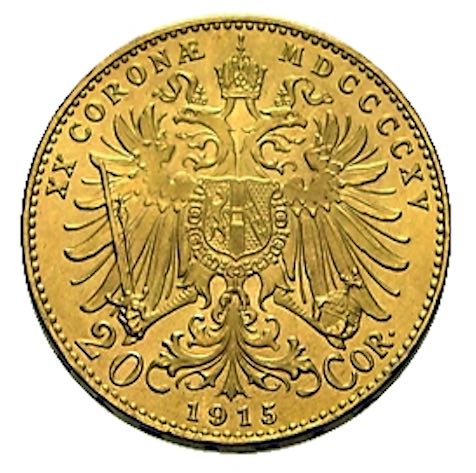 Rückseite der 20 Kronen Goldmünze mit dem österreichischen Doppeladler-Wappen.