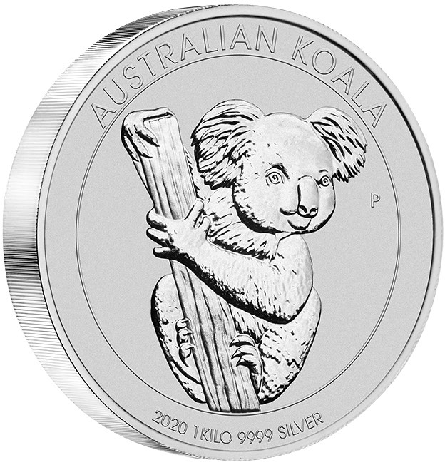 Motivseite der 1 kg Silbermünze Australien Koala 2020 mit Koala auf Ast.