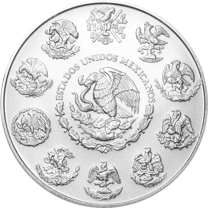 Rückseite der 1 kg Silbermünze Mexico Libertad mit den historischen Adler-Wappen Mexikos.