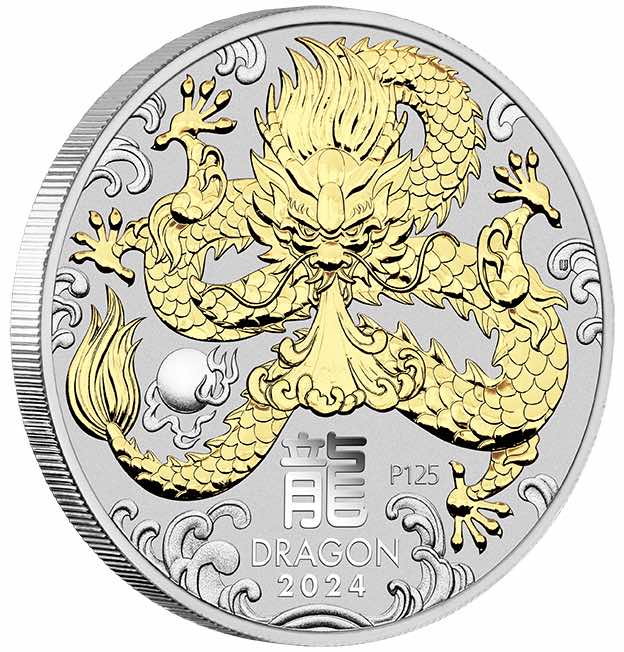 Lunar 3 - Drache - 1 Unze Silber - vergoldet - 2024 mit Zertifikat