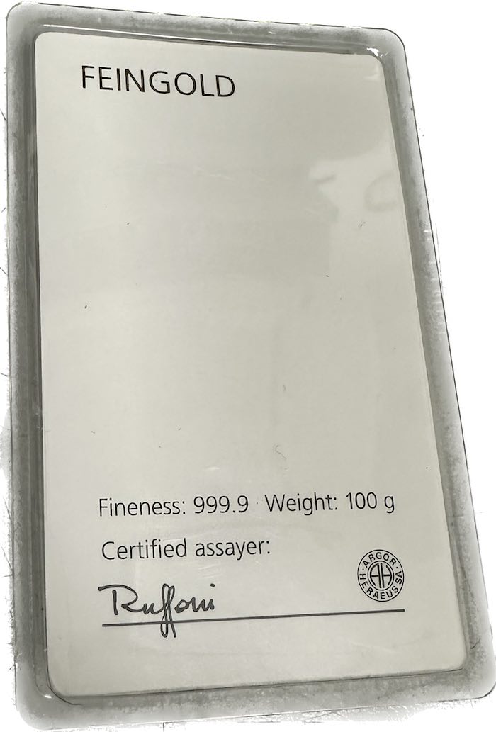 Degussa 100 Gramm Goldbarren in weißer Blisterverpackung