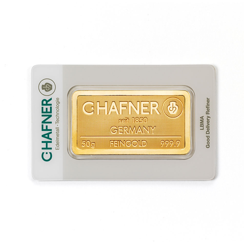 C. Hafner 50 Gramm Goldbarren geprägt in Certicard