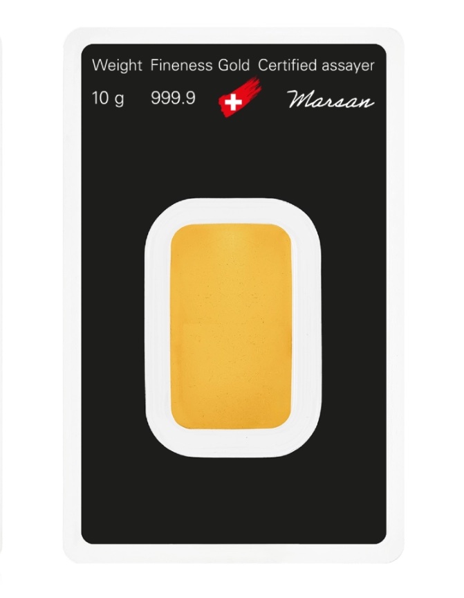Rückseite des 10g Goldbarren-Blisters von Argor-Heraeus mit Echtheitszertifikat.
