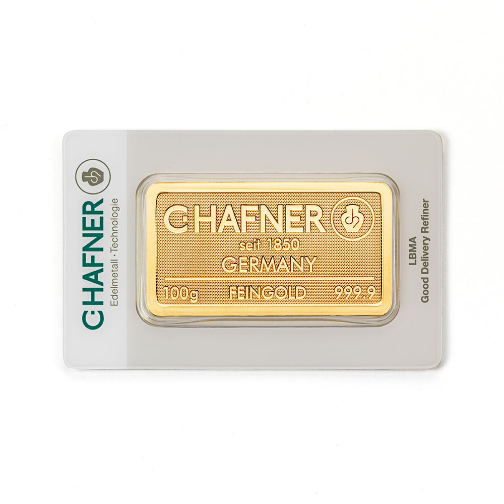 Vorderseite C. Hafner 100 Gramm Goldbarren geprägt in Certicard