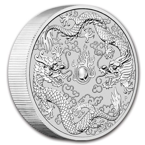 Motivseite der 10 oz Silbermünze Double Dragon 2021 von der Perth Mint.