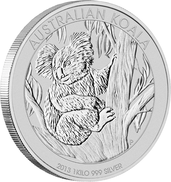Vorderseite der 1 kg Silbermünze Australien Koala 2013 mit Motiv eines Koalas am Ast.