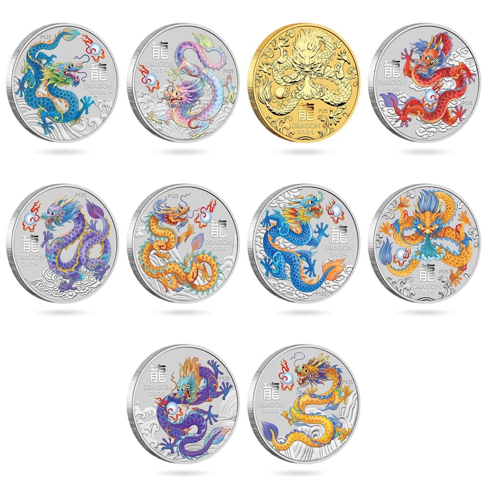 Lunar 3 - Drache - Ten-Coin Set 1/2 Oz Silber farbig / vergoldet 2024 + Box + Zertifikat*