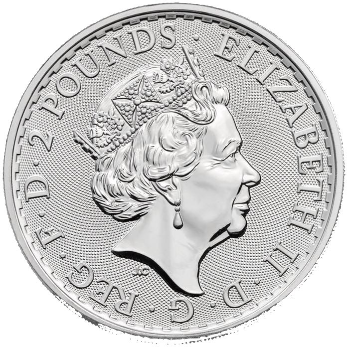 Rückseite der 1 oz Silbermünze Britannia mit dem Porträt des britischen Monarchen.