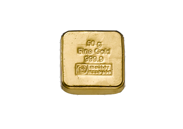50 Gramm Goldbarren Heimerle + Meule gegossen