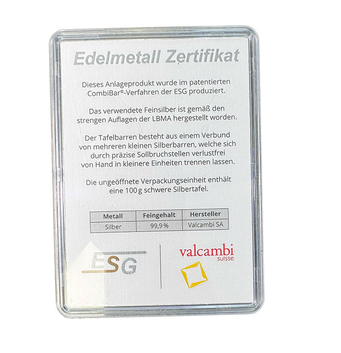 Zertifikat Combibar 100 x 1 Gramm Siber Valcambi