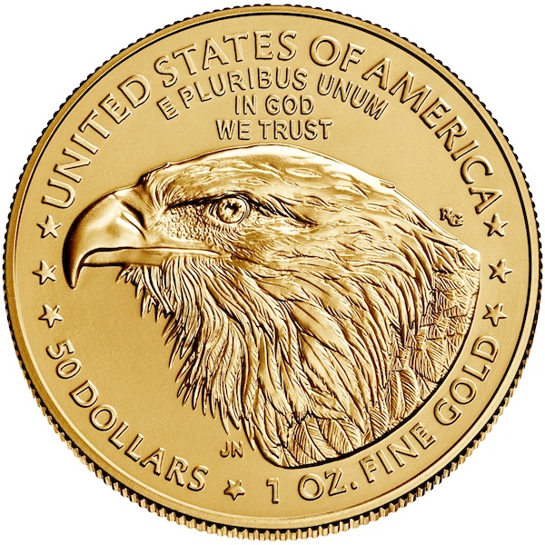 Rückseite der 1 oz Goldmünze American Eagle Typ 2 mit dem Adler-Porträt.