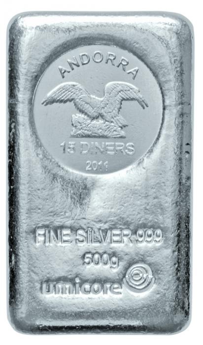 Vorderseite Umicore Andorra 500 Gramm Silber Münzbarren