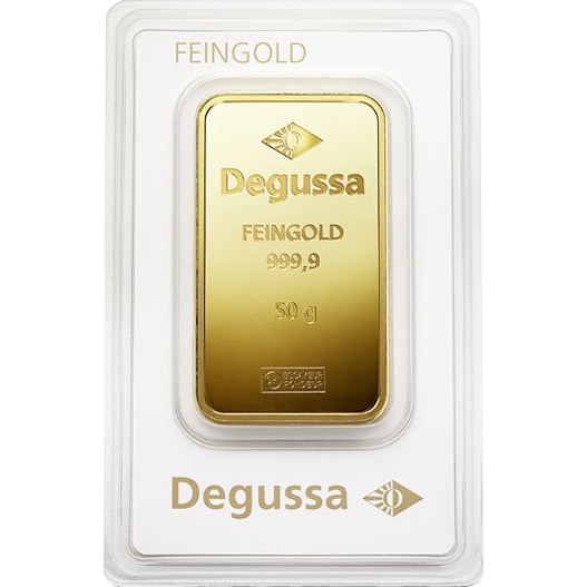 Degussa 50 Gramm Goldbarren geprägt aus Feingold 999.9