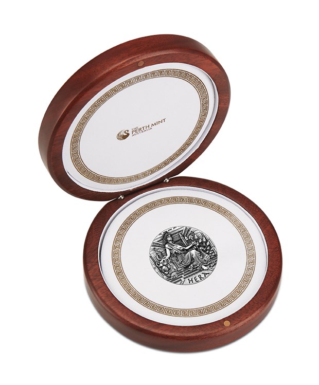 Sammlerbox mit weißem Samt 2 Oz Silber Hera 2015
