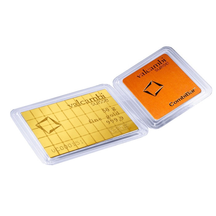 50 x 1 Gramm Combibar Valcambi im Blister von hinten