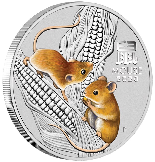 5 Unzen Lunar Maus Silbermünze farbig 2020