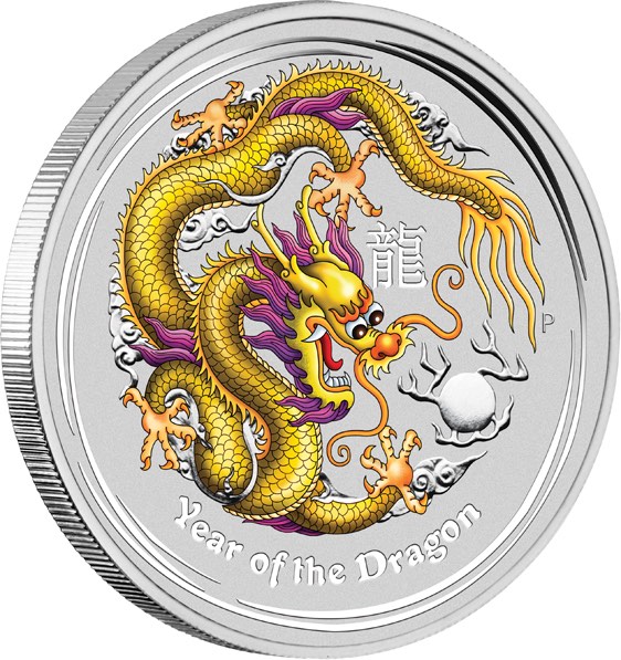Lunar II Drache 1 Unze Silbermünze farbig gelb 2012